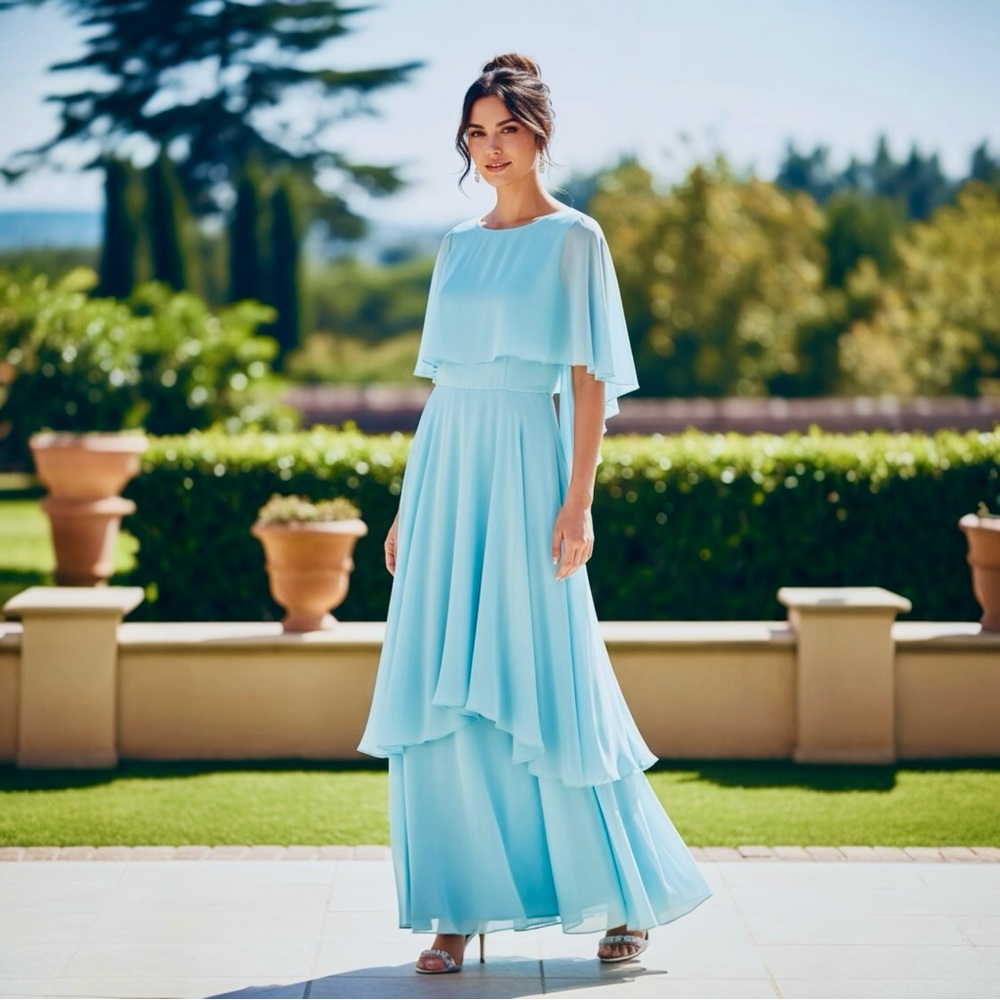 Vintage 1960’-1970’ Clifton Wilhite Elegant Light Blue Chiffon Tiered Maxi Dress